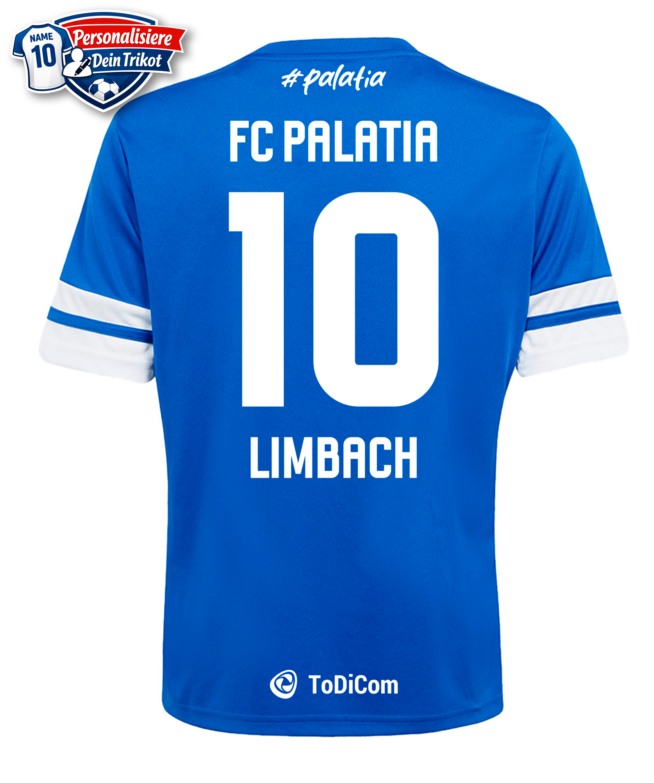 Jersey, Kurzarm, Rundhals, Nummer 10, Limbach, Rückseite beschriftet, Fußballtrikot, Rückennummer 10, Limbach, FC Palatia, Fußballtrikot, Rückennummer-10, Limbach, Kurzarm, Blau