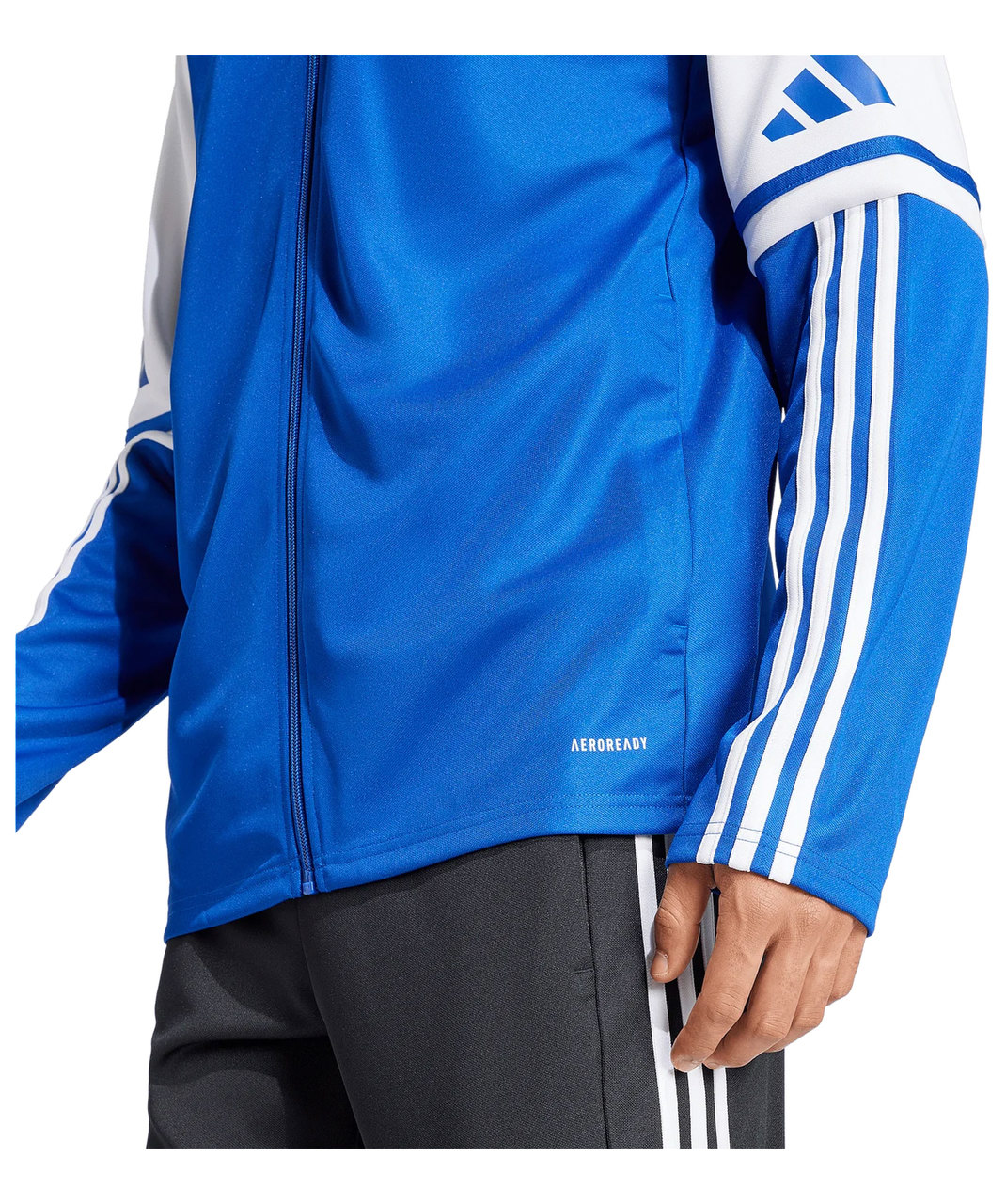 jacke, blau, reissverschluss, adidas-streifen, sportbekleidung