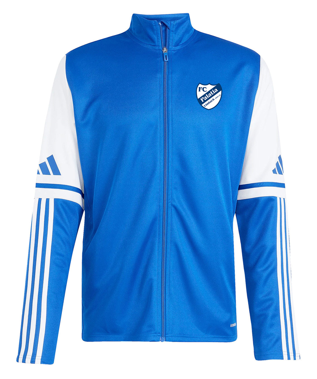 Sportjacke, Reißverschluss, Blau, Langarm, Trikot-Ärmelstreifen, Sporttrikot, Sportuniform, Mesh-Meste, Blue Shirt, Trikot-Ausschnitt, Trainingsjacke, Blau, Abteilungslogo, Reißverschluss, Langarm